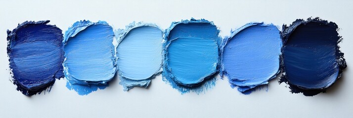 A palette of various shades of blue paint swatches arranged in a row on a white background showing texture and gradient.