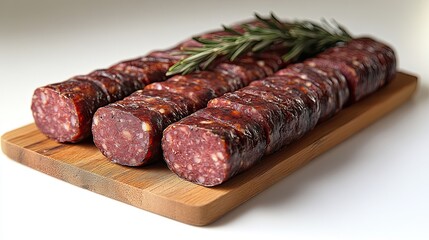Three logs of sliced dry cured salami sausage with fresh rosemary on a wooden cutting board.