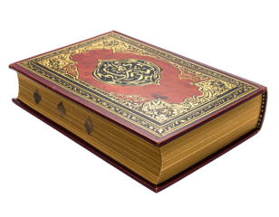 Ornate book, likely a Quran, with rich cover design.  