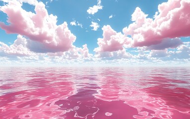 Surreal Seascape with Pink Water and Fluffy Clouds.