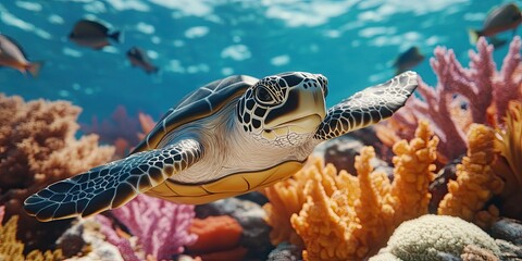Graceful green sea turtle exploring a sunlit tropical coral reef.