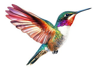 A colorful hummingbird isolated on transparent background, wings outstretched, displays a vibrant mix of green, red, and purple plumage in a dynamic midair pose