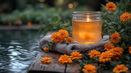 Serene Spa Setting with Marigold Flowers and a Glowing Candle by the Water.