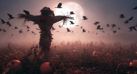 A chilling Halloween scene of a scarecrow in a foggy pumpkin patch with ravens circling and a spooky moonlit sky - Powered by Adobe
