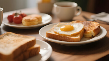 Delicious morning pastry breakfast with coffee, buttered bread, and croissant on a white plate