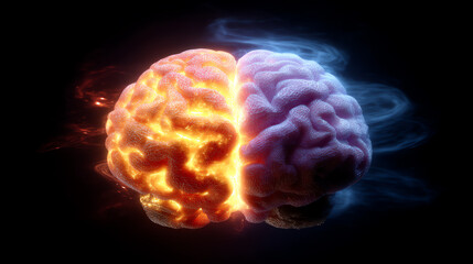 Obraz premium A glowing digital brain split into fiery orange and cool blue halves, symbolizing contrasting mental states or hemispheric brain functions against a dark background