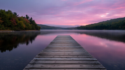 Naklejka premium A wooden dock extends into a calm lake at sunrise, with mist hovering over the water and colorful autumn trees lining the shore under a pink and purple sky