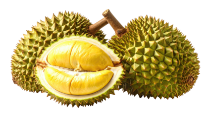 Fresh Durian fruit, two whole and one cut open, displaying yellow flesh