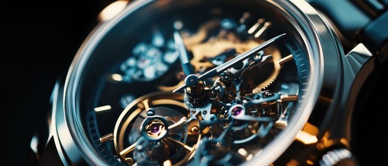Close up of mechanical watch with intricate details