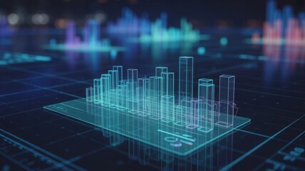 Stunning futuristic data visualization with glowing digital bar charts representing growth and analytics on a dark grid background