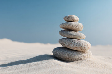 Stacked smooth stones balanced on sandy beach under clear blue sky symbolizing calmness and balance in nature