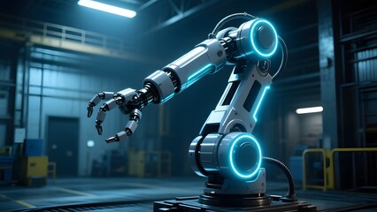 A robotic arm with glowing blue lights