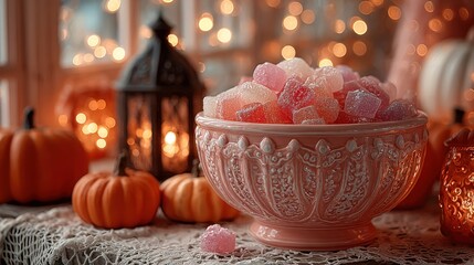 Autumnal Arrangement: Pumpkins, Candies, and Lanterns, Festive Atmosphere