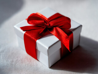 A neatly wrapped white gift box tied with a vibrant red satin ribbon bow, placed on a soft, light-colored fabric surface with soft natural lighting