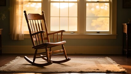 A rocking chair by window with warm sunlight