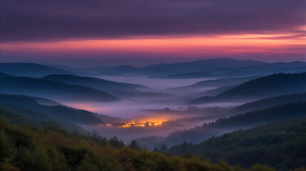 A serene mountain valley at dusk with layered hills fading into mist and a small village glowing warmly in the distance under a colorful sunset sky