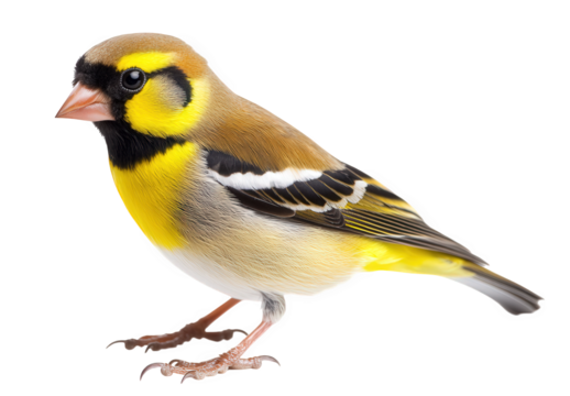 A beautiful oriental greenfinch isolated on transparent background stands gracefully, showcasing its vibrant yellow plumage and intricate feather patterns in detail