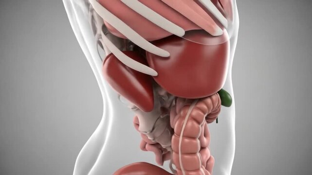 Detailed 3D rendering of the human digestive system and internal organs in profile view.