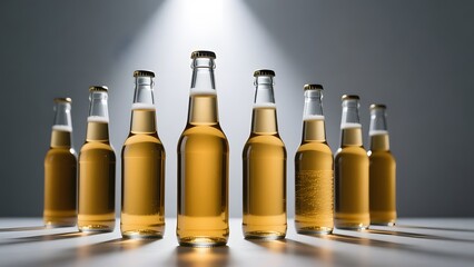 A row of beer bottles in different sizes with lights shining on them