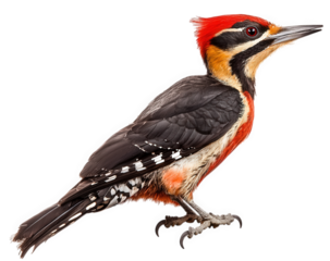 Flameback woodpecker perched on a branch isolated on transparent background, displaying its vibrant plumage, strong beak, and distinctive markings