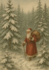 Vintage Santa winter forest scene.