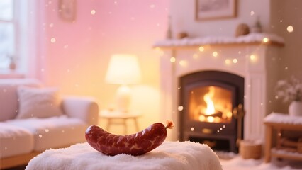 A sausage is on top of an ottoman in front of a fireplace