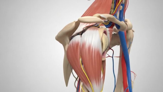 Detailed 3D rendering of human shoulder anatomy, showcasing bones, muscles, veins, and arteries.