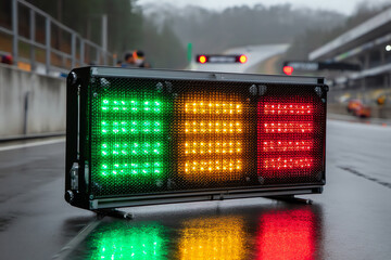 A racing pit lane LED light panel displays green, yellow, and red signals on a wet race track, reflecting colors on the asphalt during a motorsport event