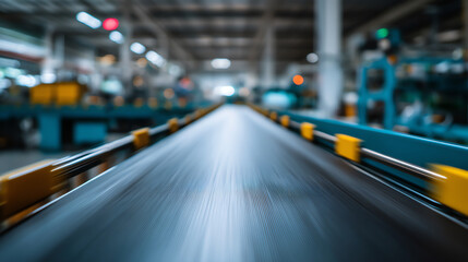 Industrial conveyor belt in a factory setting, showing a close-up view with blurred machinery and ambient lighting in the background
