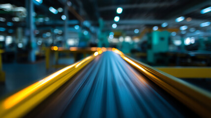 Automated conveyor belt system in a modern industrial factory, showcasing motion blur and illuminated by overhead lights in a spacious manufacturing environment