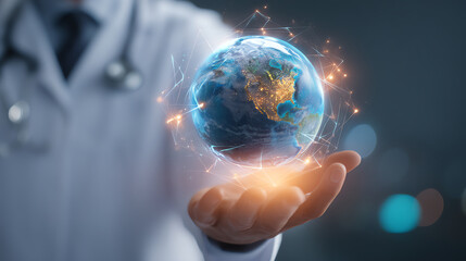A person in a medical coat holds a glowing digital Earth surrounded by connected network lines, symbolizing global healthcare, technology, and interconnectedness