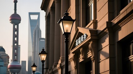 A shot of an iconic skyline with street lights in front