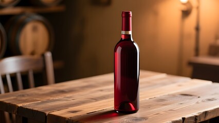 A single bottle of wine on wooden table