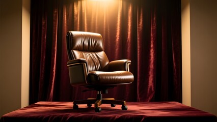 A single brown leather office chair is set up on stage with red curtains in the background