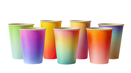 Seven colorful paper cups in a rainbow gradient