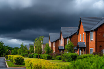 Row of modern brick houses with well-kept green lawns and bushes under a dramatic dark cloudy sky, suggesting an impending storm or rainy weather