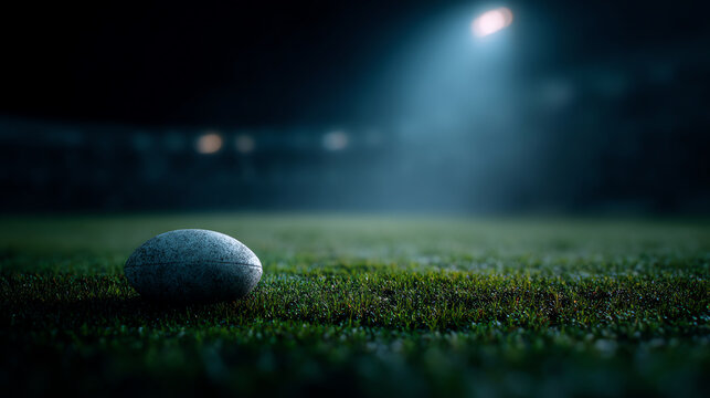 A close-up of a rugby ball on a grass field under a bright stadium light during nighttime, creating a dramatic and intense sports atmosphere