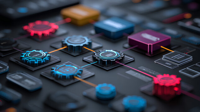 AI workflow automation artificial intelligence software interface nodes triggers data tool dashboard coding icon flow process technology 3d rendering. Stock Illustration