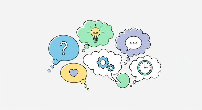 Illustration of colorful speech bubbles containing symbols like a lightbulb, question mark, gears, clock, heart, and chat icon.
