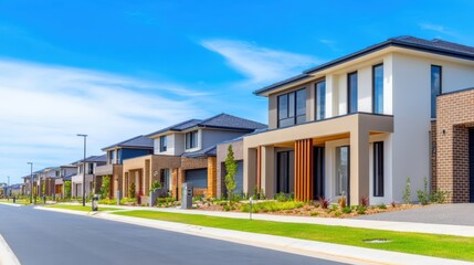 Modern suburban homes lined along a quiet street under a clear blue sky with well-maintained gardens