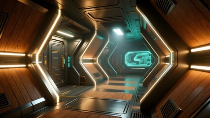 A spaceship corridor with wood and neon accents