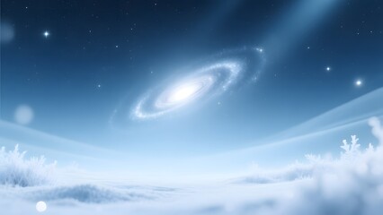 A spiral galaxy above snowy clouds