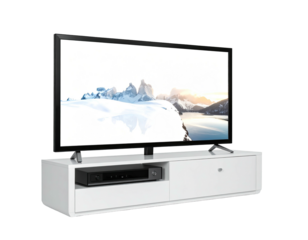 Flat-screen TV on a white media console.  Image shows a modern flat-screen TV mounted on a low, white media console.  
