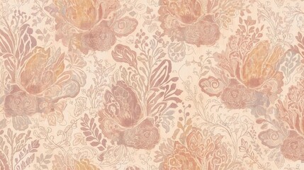 Delicate baroque floral illustration with a sheer, layered effect, featuring ornate peonies in a seamless repeating pattern with a vintage aesthetic