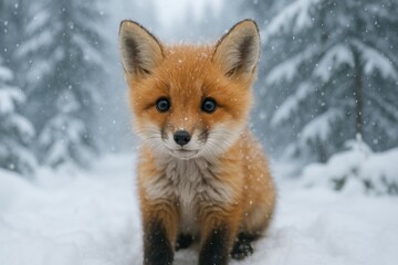 Fototapeta premium Adorable fox cub in snow