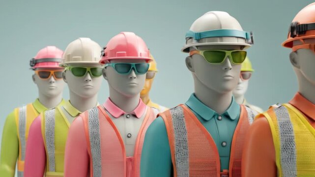 A group of mannequins wearing hard hats, safety glasses, and vests in assorted bright colors