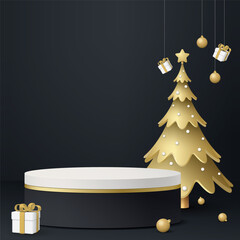 3D Blank podium with decorated golden Christmas tree and element on black square background graphic illustration.
