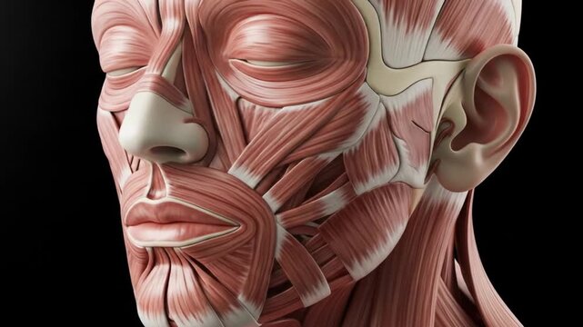 Detailed anatomical model showing human facial and neck muscles, a scientific representation of the human muscular system.
