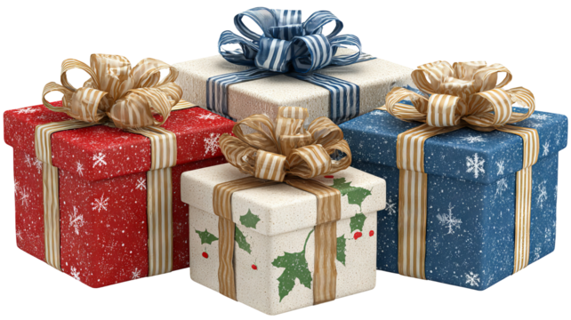Christmas gift boxes with satin bows isolated on transparent background high resolution png festive present pile for holiday design greeting cards web banners ecommerce mockups and clipart