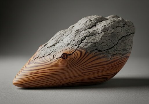 Organic sculpture merging weathered stone texture with smooth, striped wood grain